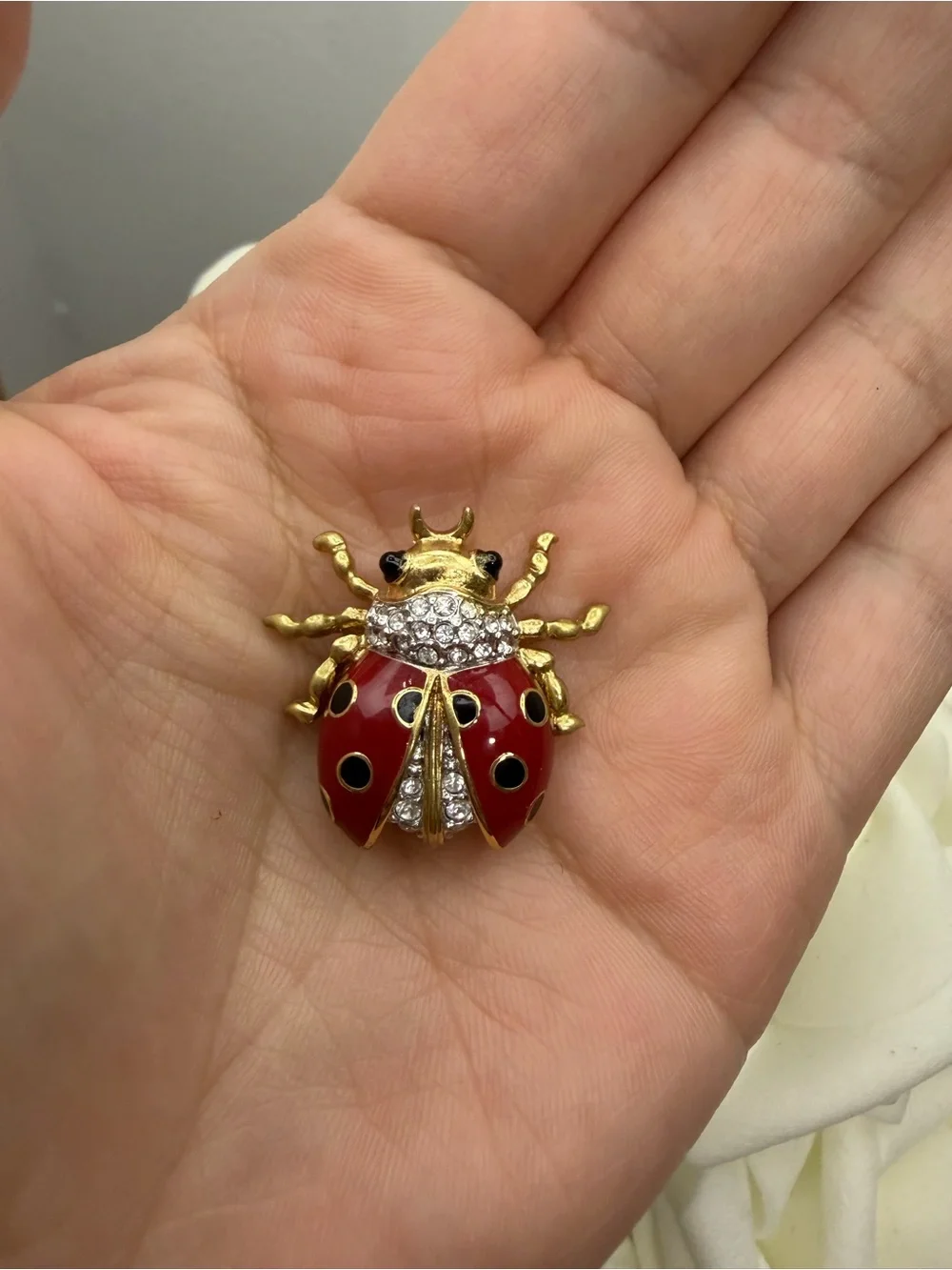 Vintage Gold-Tone Red Ladybug Brooch with Crystal Accents